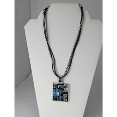 Vintage chico’s Modernist Pendant 1.75″ square1 leather + metal 17-21″EUCBlue