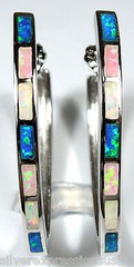 Hoop Earrings Multicolor Pink Blue White Fire Opal Inlay on 925 Sterling Silver