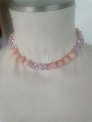 Pink Crystals and Peach Coral Color Bead Necklace Hand Made New No Tags