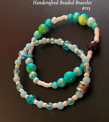 Handmade Blue/Green/White Glass & Plastic Beaded Bracelet #123, Unisex, No Clasp