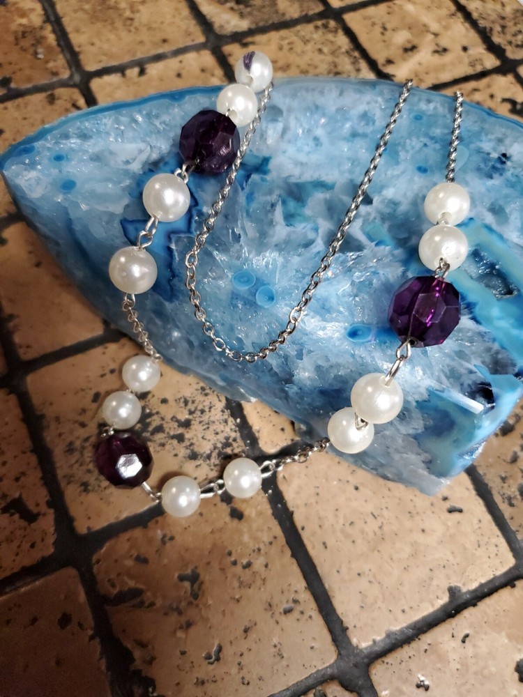 Double Chain Necklace Chunky Purple and White Pearl Beaded