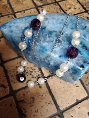 Double Chain Necklace Chunky Purple and White Pearl Beaded