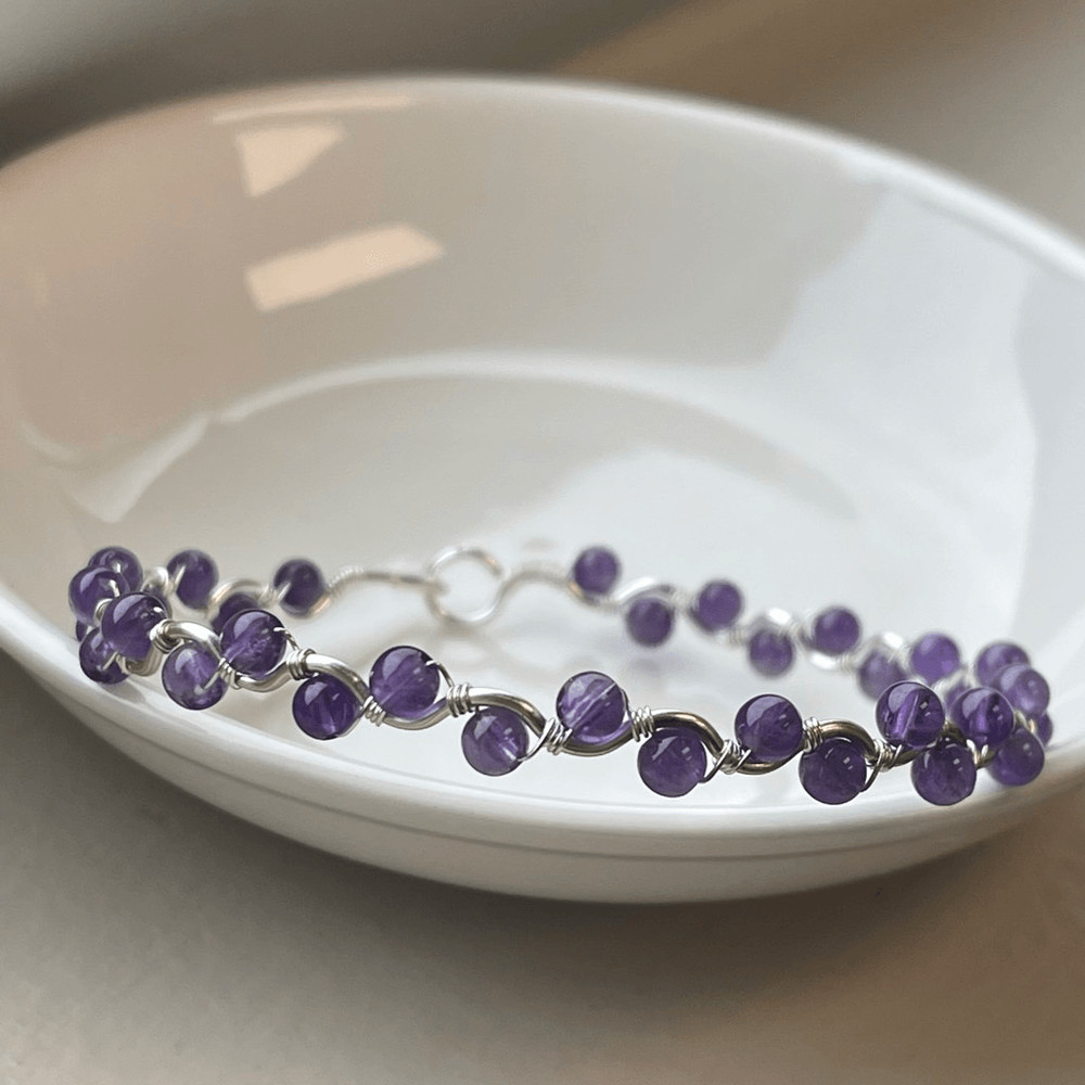 Amethyst purple 8” silver copper wire beaded beads handcrafted handmade dainty F