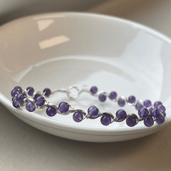 Amethyst purple 8” silver copper wire beaded beads handcrafted handmade dainty F