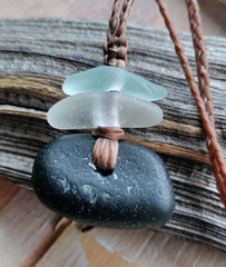 Rare Black Pirate Sea Glass Necklace Gift Men Women Braid Hawaii Artisan Braid