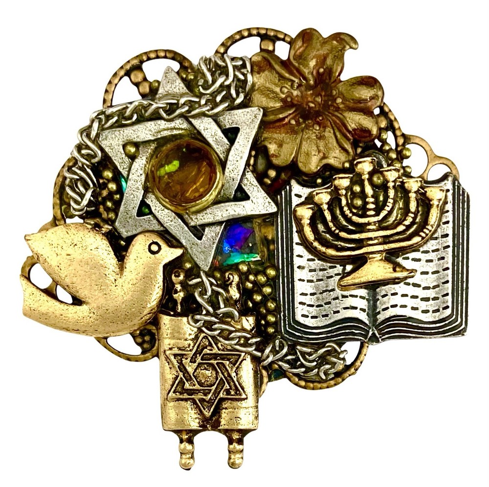 MICHAL NEGRIN~ISREAL Mixed Metal JUDIACA Brooch~TORAH-MENORAH-DOVE-STAR of DAVID
