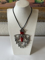 Artisan Handmade Horseshoe Nail Pendant Necklace Silver Red Black Leather Cord