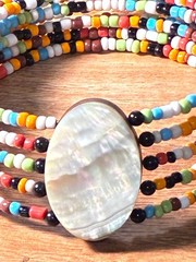 Artisan Beaded Choker Necklace Mother of Pearl Shell Wood Pendant Bohemian Retro