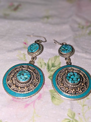 Vintage Style Turquoise Mosaic Dangle Earrings Silver Tone Boho Southwestern
