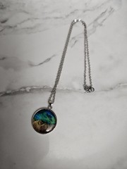 Handcrafted Silver Plated Round Pendant Necklace Blue Green Brown Art