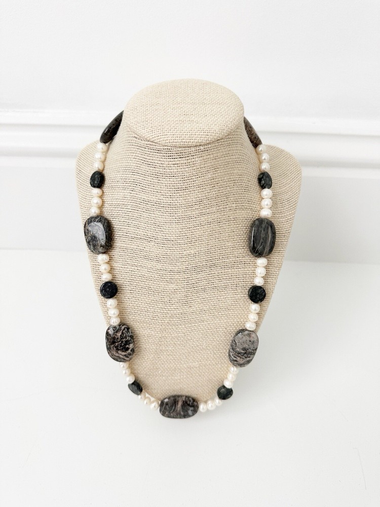 NWT Genuine Jasper & Pearls Necklace Beaded Black Gray White