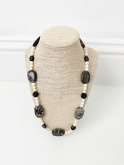 NWT Genuine Jasper & Pearls Necklace Beaded Black Gray White