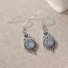 Vtg Style Silver Round Gemstone Drop Earrings Dangle Retro Crystal Charm Lightwt