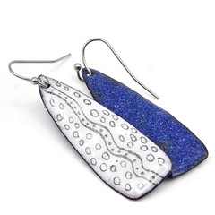 Handmade Artisan Enamel on Metal Drop Earrings White Black Pattern Blue Backing