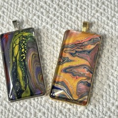 Handmade Pendant Necklace Lot Of 2 Fluid Art Acrylic Hand Paint Abstract 1876 R