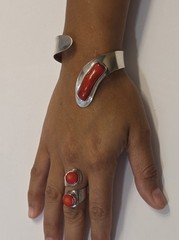Aaron Rubinstein Original Sterling Silver Red Coral Modernist Jewelry Set Signed