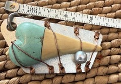 Blonde Shark Tooth Pendant Turquoise Wrapped Copper Handmade Artisan Signed