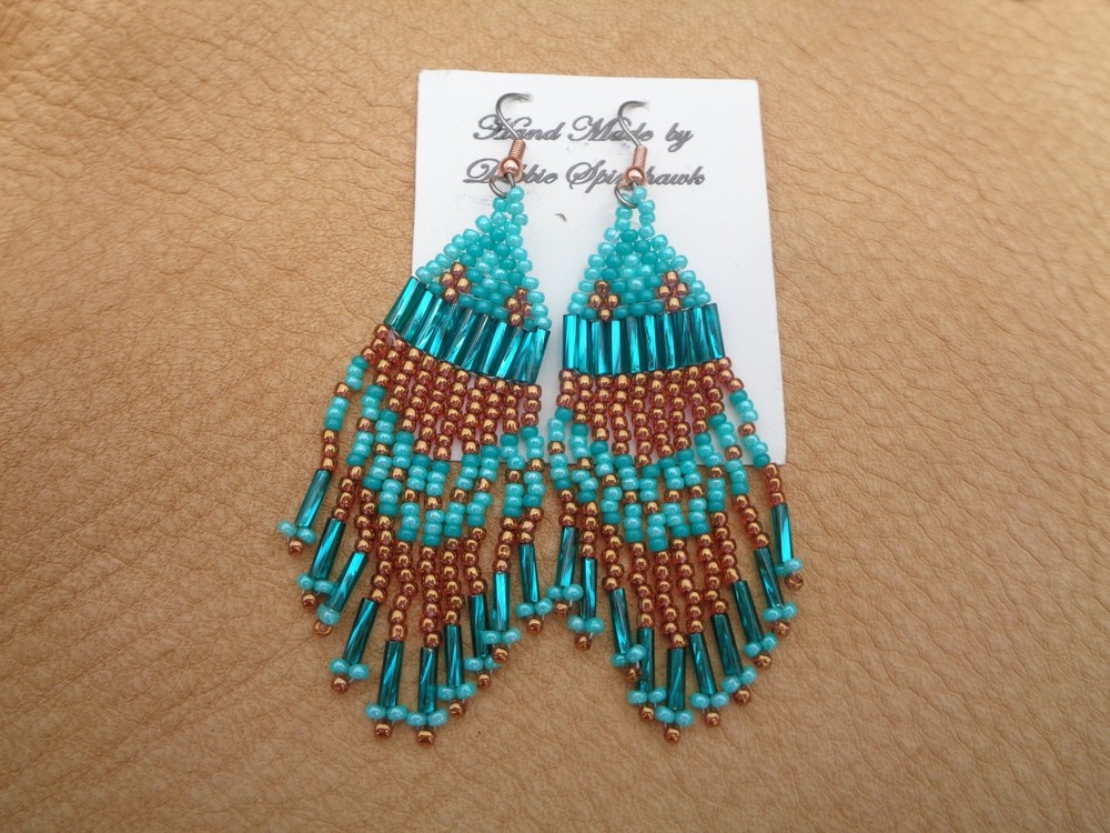 Handmade Southwest 2.5″ Beaded Earrings Aqua Copper Turquoise