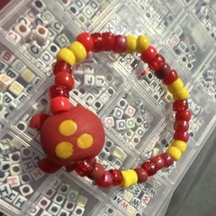 Red & Yellow Plastic Beaded Stretch Bracelet with Animal & Insect Dangle Charm
