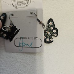Butterfly Daisies Earrings Handmade Black Green White Yellow Dangle