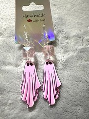 Handcrafted Pink Black Clear Ghost Dangle Earrings Acrylic Hook Halloween Gothic