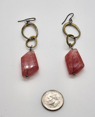 Strawberry Quartz Pink Gemstone Geometric Drop Dangle Earrings Textured Hoops