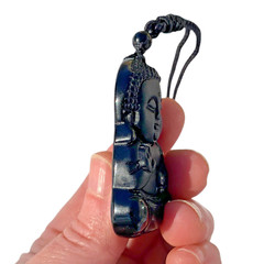Black Obsidian Baby Buddha Necklace Amulet Pendant With Long Black Cord Chain