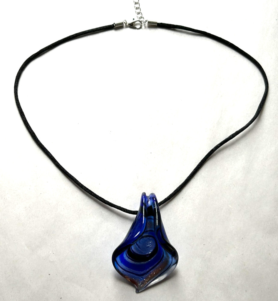 Handmade Pinched Glass Pendant Necklace Black Cord Silver Tone Lobster Clasp