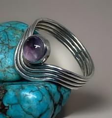 Modernist Handmade Curvy 925 Sterling Round Amethyst Solitaire Ring Sz 6.5 2.4g