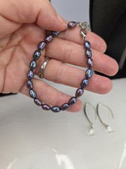 Real Gray Freshwater Cultured Pearl Set 3-Pc Necklace Bracelet Dangle Earrings