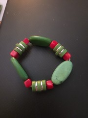 Gorgeous Green Turquoise & Red Coral w/ Silver Accents 6 -7inch Stretch Bracelet
