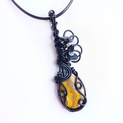 Yellow bumblebee jasper black wire wrap necklace with opal and tourmaline new