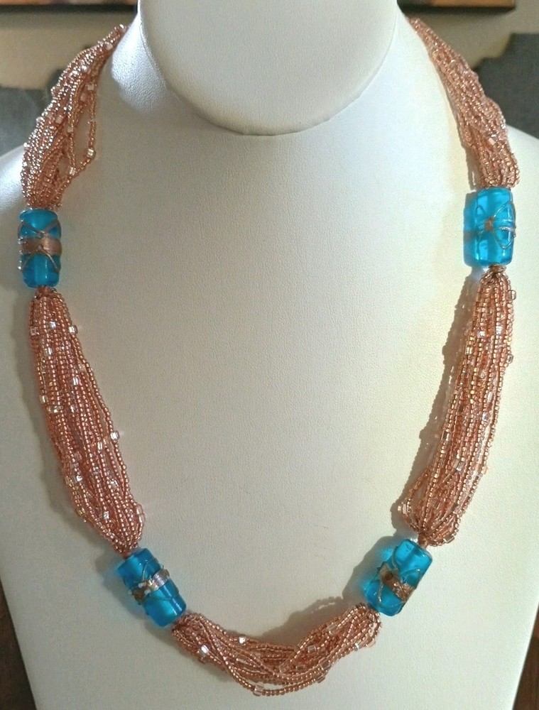 Artisan Copper Silver Multi Strand Blue Gold Enamel Glass Beaded Necklace