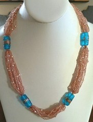 Artisan Copper Silver Multi Strand Blue Gold Enamel Glass Beaded Necklace