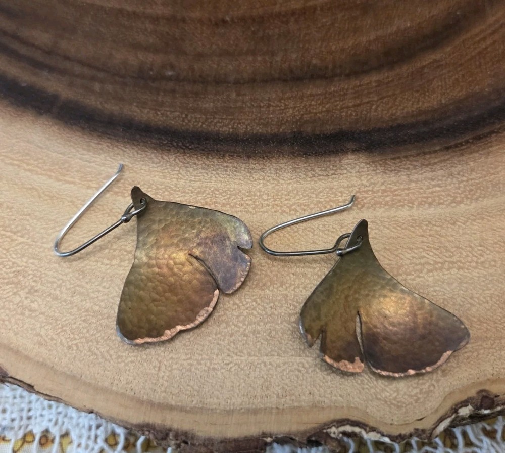 Handcrafted Artisan Copper Earrings Ginkgo Leaves Signed 2003 FOX