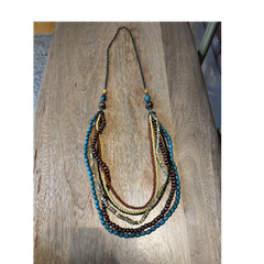 Multi-Strand Beaded Wood Metal Necklace Blue Brown Yellow Black for Women