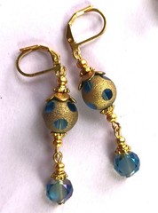BLUE & GOLD DUST window cut crystal earring GP LEVER BACK handcrafted XSP-c