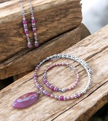 Handcrafted Bracelet Choker Earring Set Silver Pink Purple Agate Stone