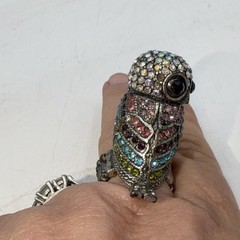 Vintage Owl Stretch Ring Standing 3-D Owl Rhinestone Purple Silver Tone