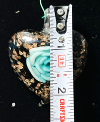 Turquoise Floral Blown Glass Heart Pendant with Gold Sparkles 2.25 in