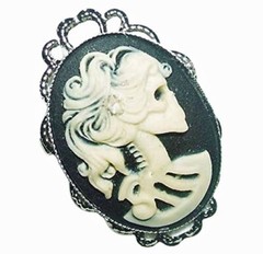 LADY SKULL CAMEO Brooch Pin Lolita Skeleton Head SILVER Plt Gothic Beauty