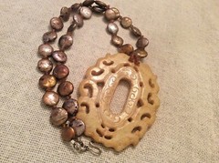 Cultured Coin pearl beaded oil slick yellow semiprecious gem pendant necklace