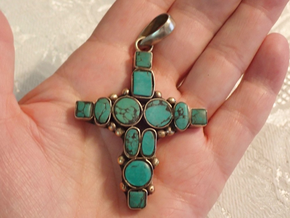 Turquoise Inlay cross in Tibetan silver Approx 2 1/4 inch