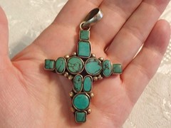 Turquoise Inlay cross in Tibetan silver Approx 2 1/4 inch
