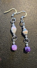 Handrolled Sealed Paper Bead And Amethyst Dangle Earring #3172