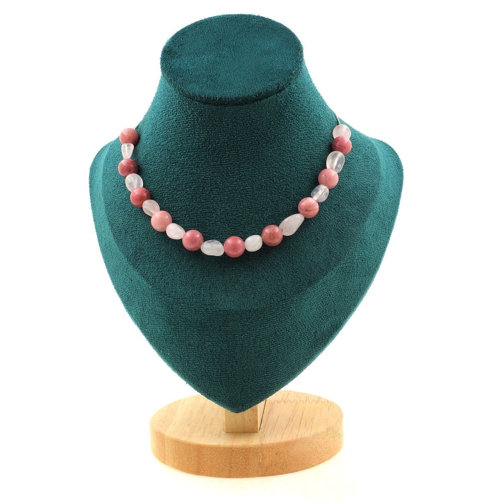 Necklace 20 Beads Quartz Pink From Brazil + Rhodonite 0 5/16in Chain IN Femm