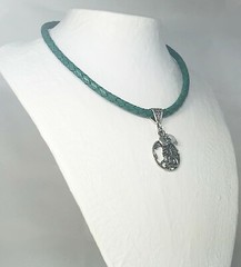 Emerald Green 6mm Bolo Chord w Silver Pewter Chinese Dragon, Rainbow Moonstone