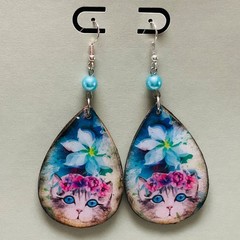 Cat kitten Earrings Teardrop pierced dangle designed and handmade by Sally