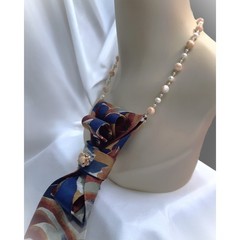Vintage Enrico Coveri Silk Tie Pendant Pearl Jeweled Accent MOP Beaded Necklace