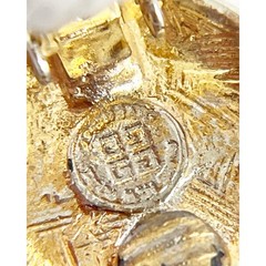 GIVENCHY Coin Logo Embossed Gold Plated Clip On Earrings Greek Key Border 1980s